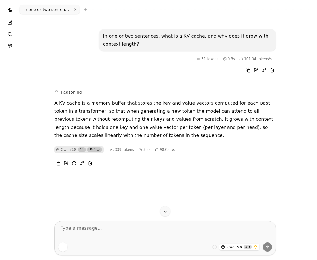 A real conversation in the llama.cpp built-in chat UI, with the run stats