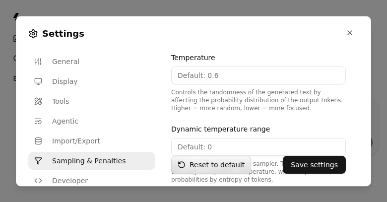 The UI settings panel, with the sampling controls